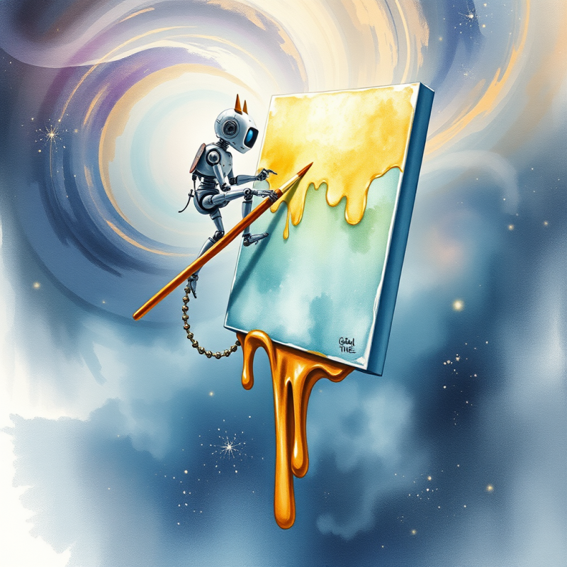 Surreal Watercolor Illustration of a Tiny Robot Painter...