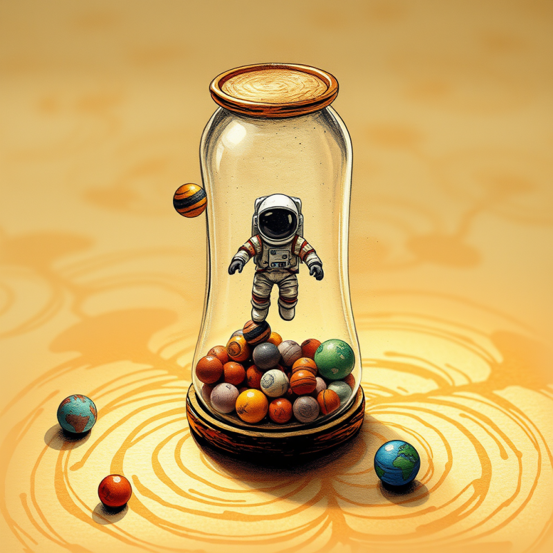 Surrealist Ink Illustration of a Tiny Astronaut Floatin...