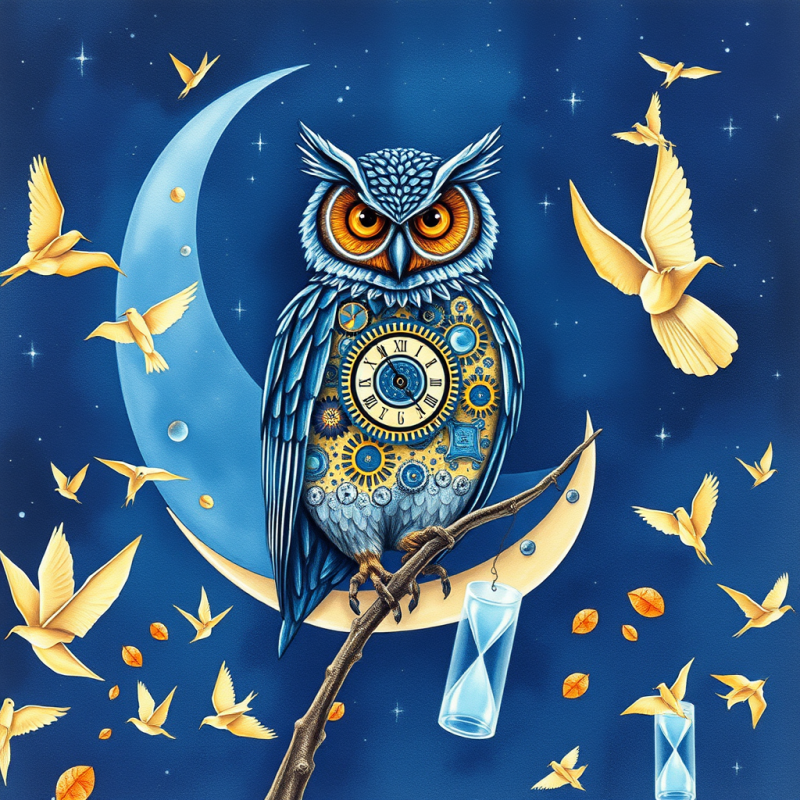 Surrealist Watercolor Illustration of a Clockwork Owl P...