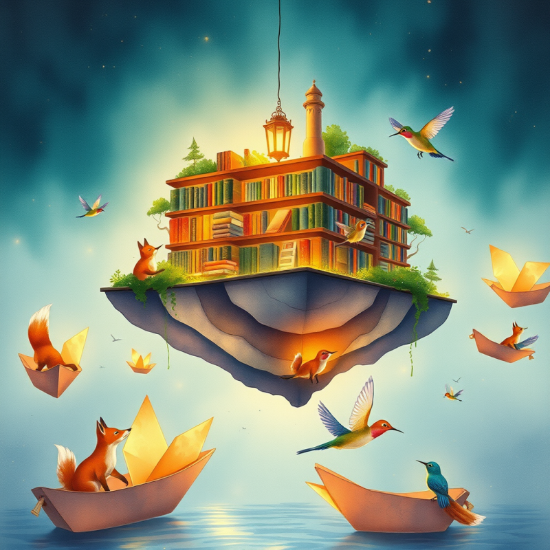 Surrealist Watercolor Illustration of a Floating Librar...