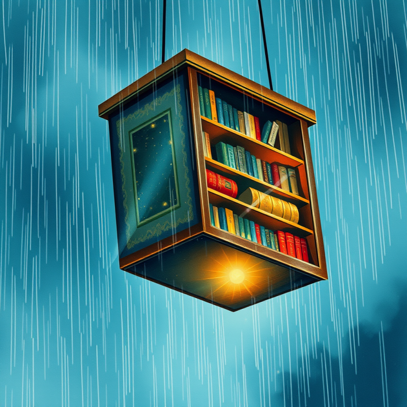 Surrealist Watercolor Illustration of a Floating Librar...