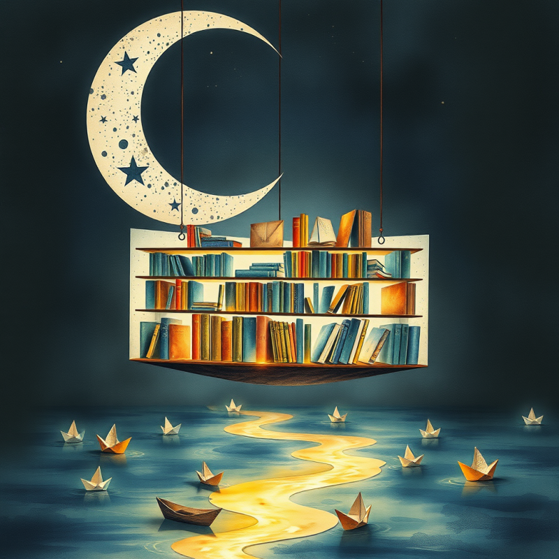 Surrealist Watercolor Illustration of a Floating Librar...