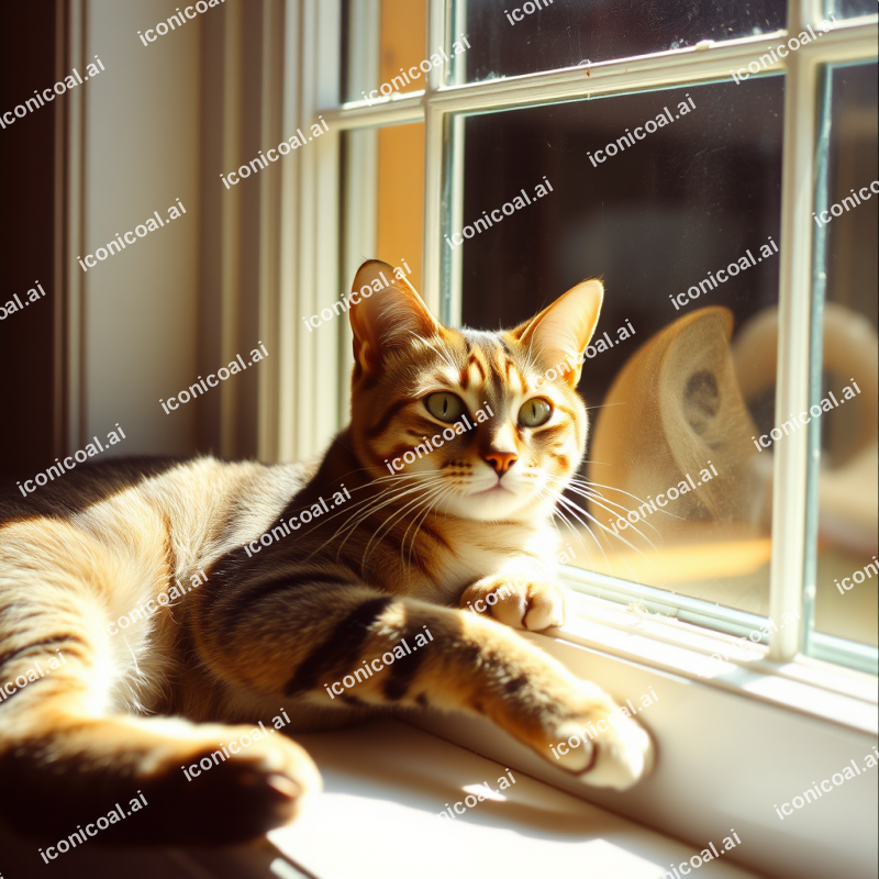 Tabby Cat Lounging In Sunny Window