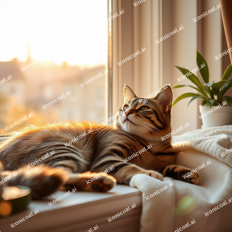 Tabby Cat Lounging In Sunny Window