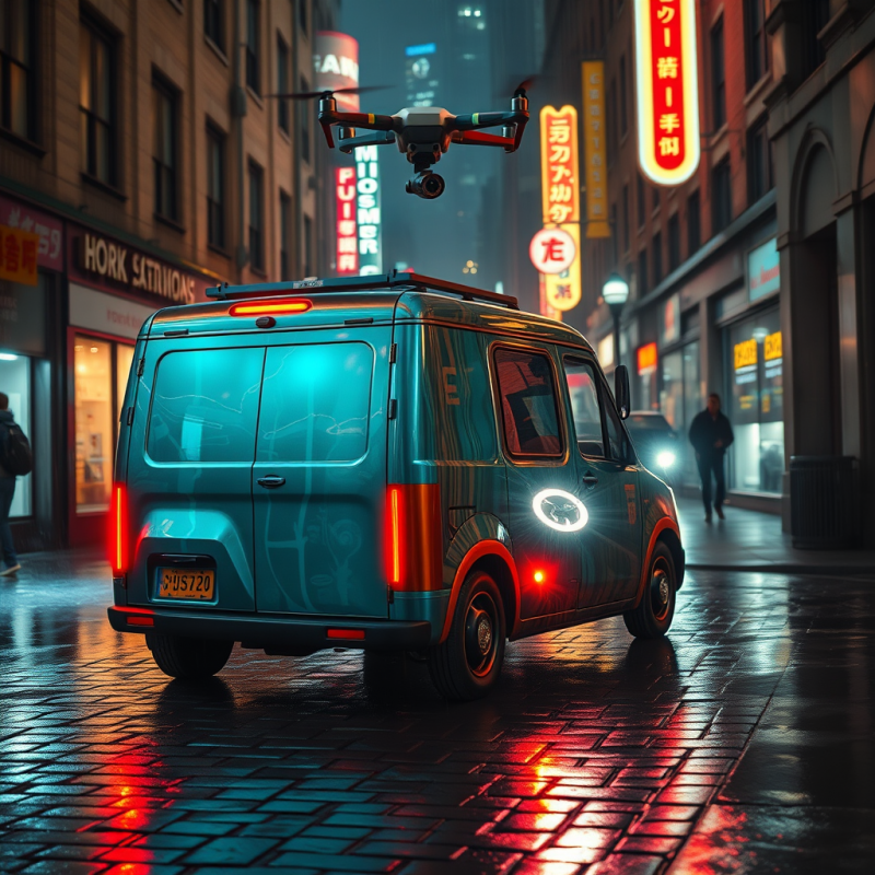 Teal Delivery Van with a Drone Hovering Above It on