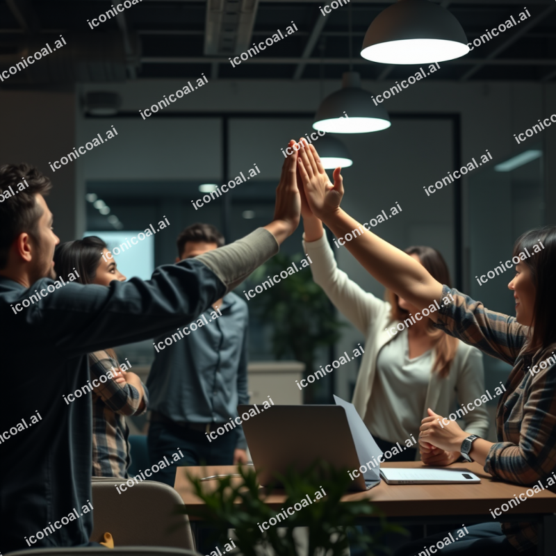 Team Celebrating Success High-five In Casual Modern Office