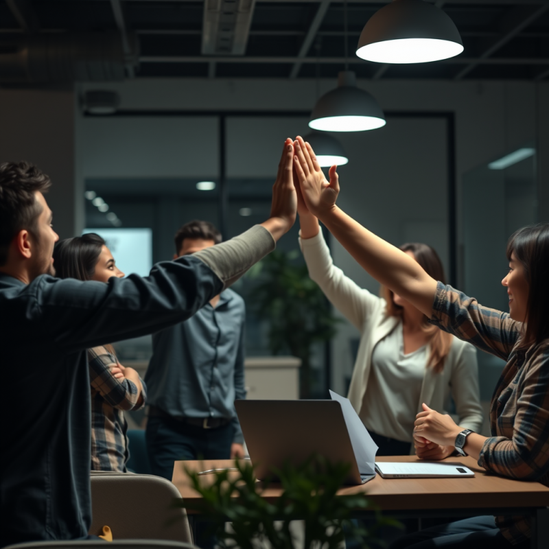 Team Celebrating Success High-five in Casual Modern Office