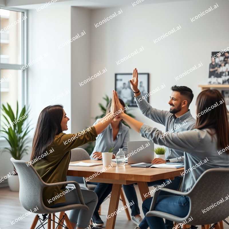Team Celebrating Success High-five In Casual Modern Office