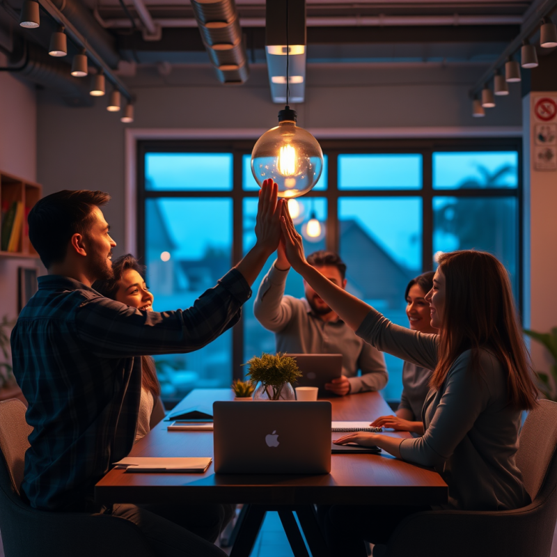 Team Celebrating Success High-five in Casual Modern Office