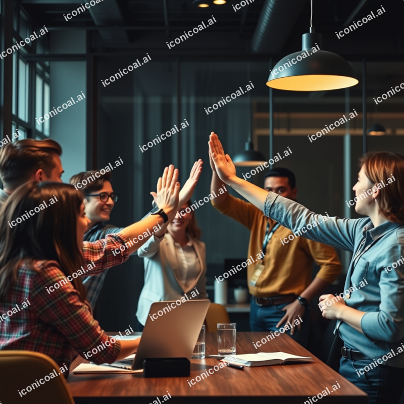 Team Celebrating Success High-five In Casual Modern Office