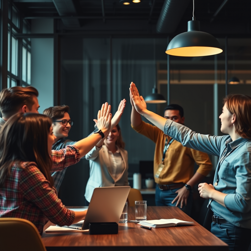 Team Celebrating Success High-five in Casual Modern Office
