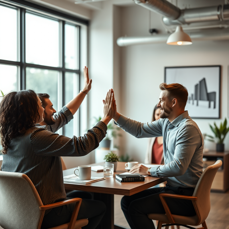 Team Celebrating Success High-five in Casual Modern Office