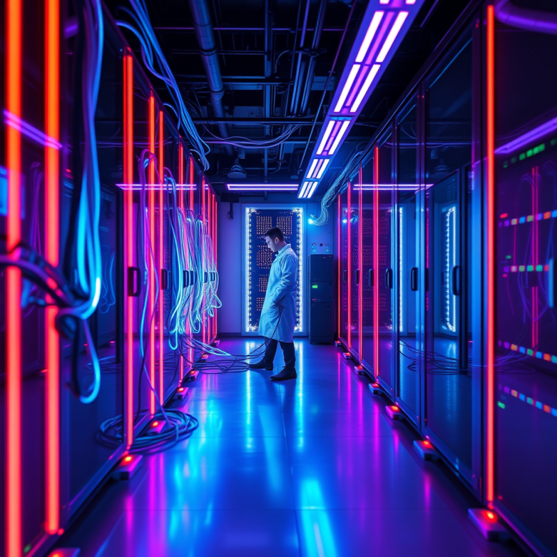 Technician in a Lab Coat Walks Through a Futuristic