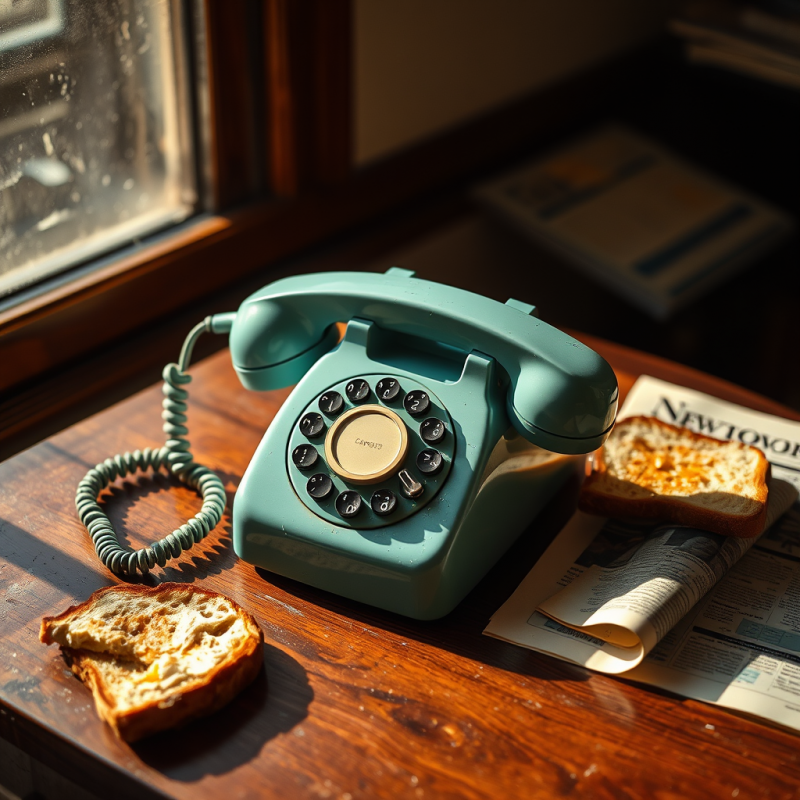 Tilted Close-up of a 1960s Rotary Phone with Cracked Pl...