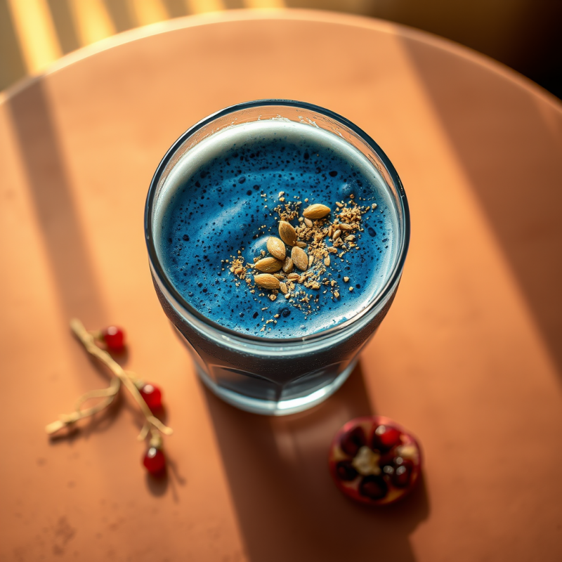Top-down Macro Shot of a Cobalt-blue Artisanal Smoothie...