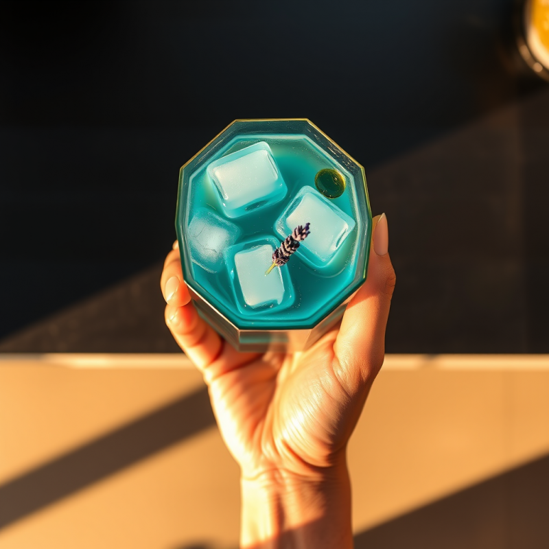 Top-down Shot of a Hand Holding a Translucent Turquoise...