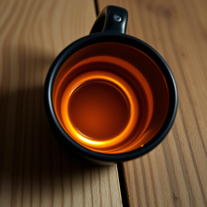 Top-down View of a Black Mug Filled with Glowing