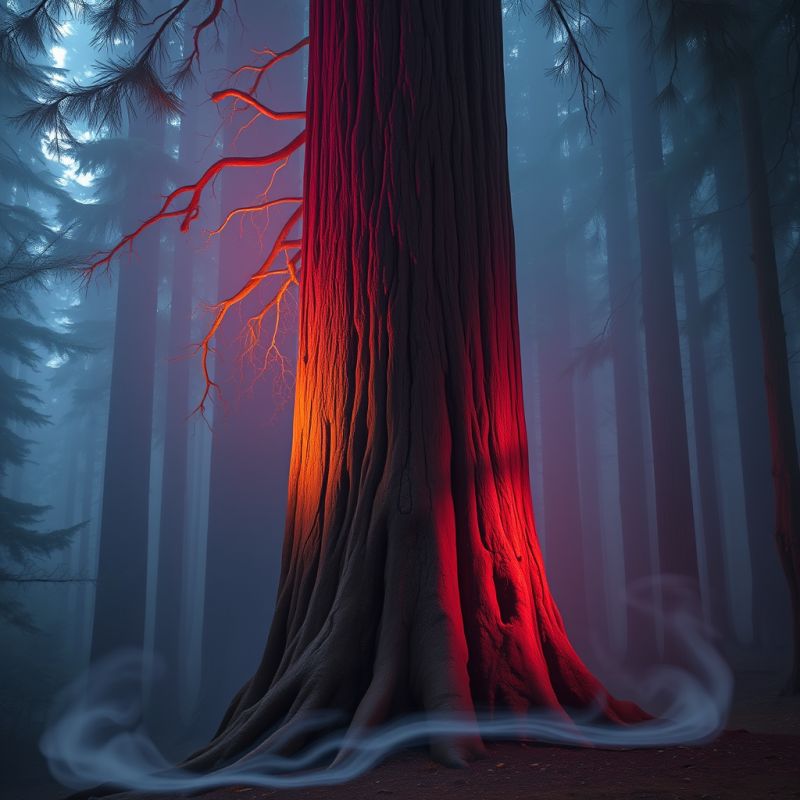 Towering Ancient Tree Glows with Fiery Red Light