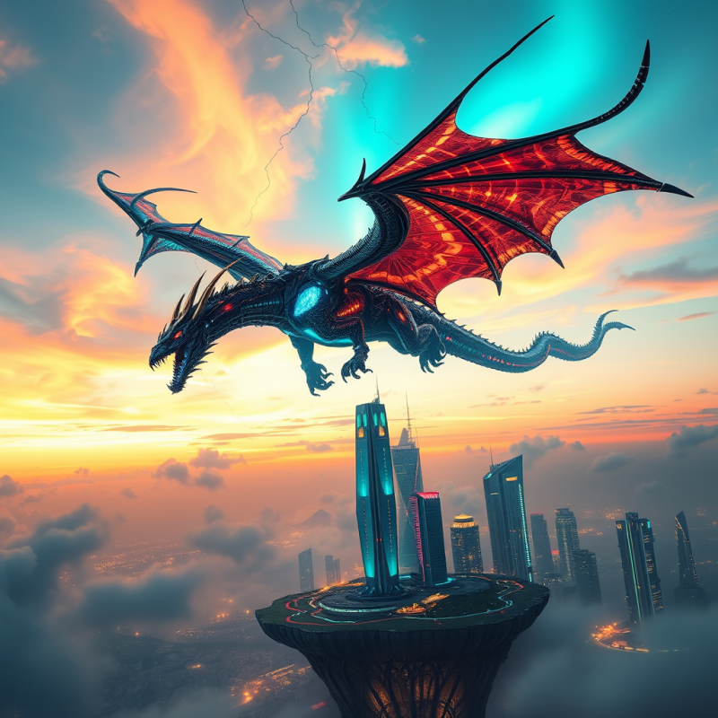 Towering Biomechanical Dragon Forged from Molten Neon C...