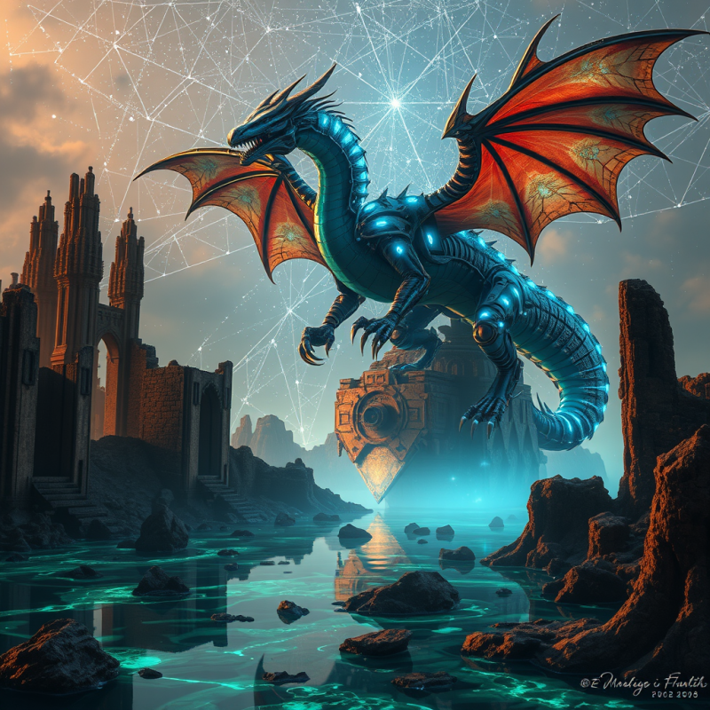 Towering Biomechanical Dragon with Iridescent Copper Sc...