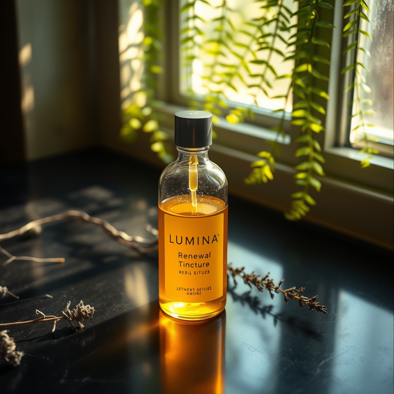 Translucent Amber Glass Bottle Filled with Glowing Gold...