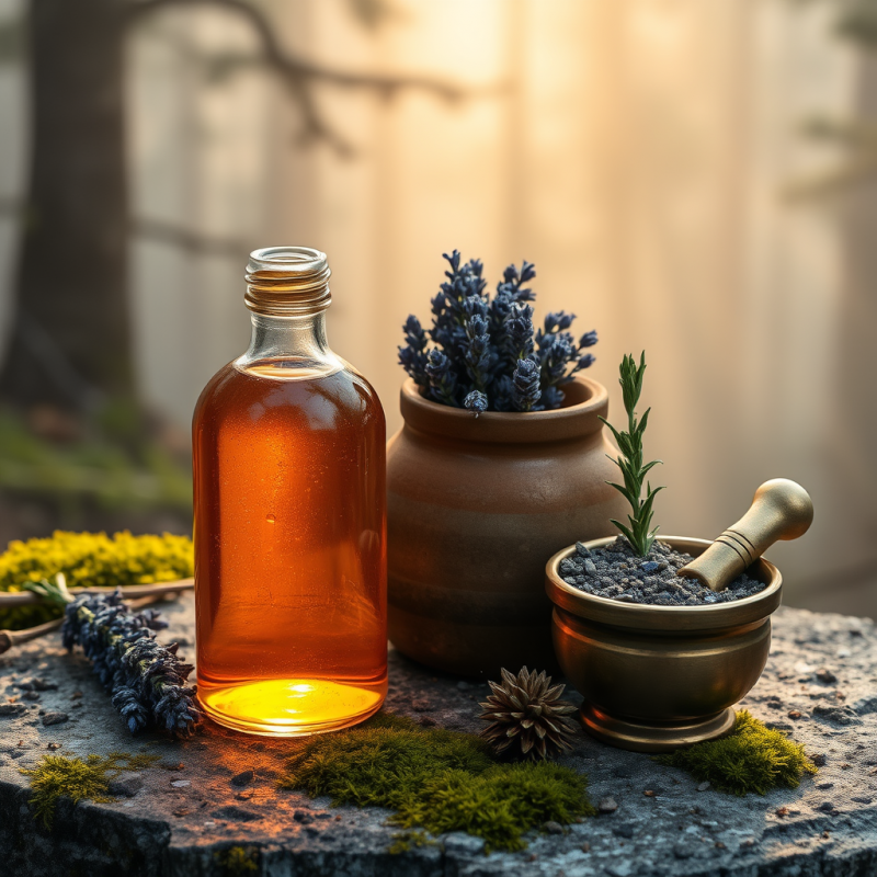 Translucent Amber Glass Bottle of Homemade Adaptogen Ti...