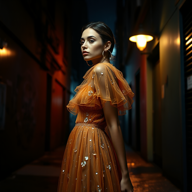 Translucent Amber-hued Tulle Dress with Embedded Irides...