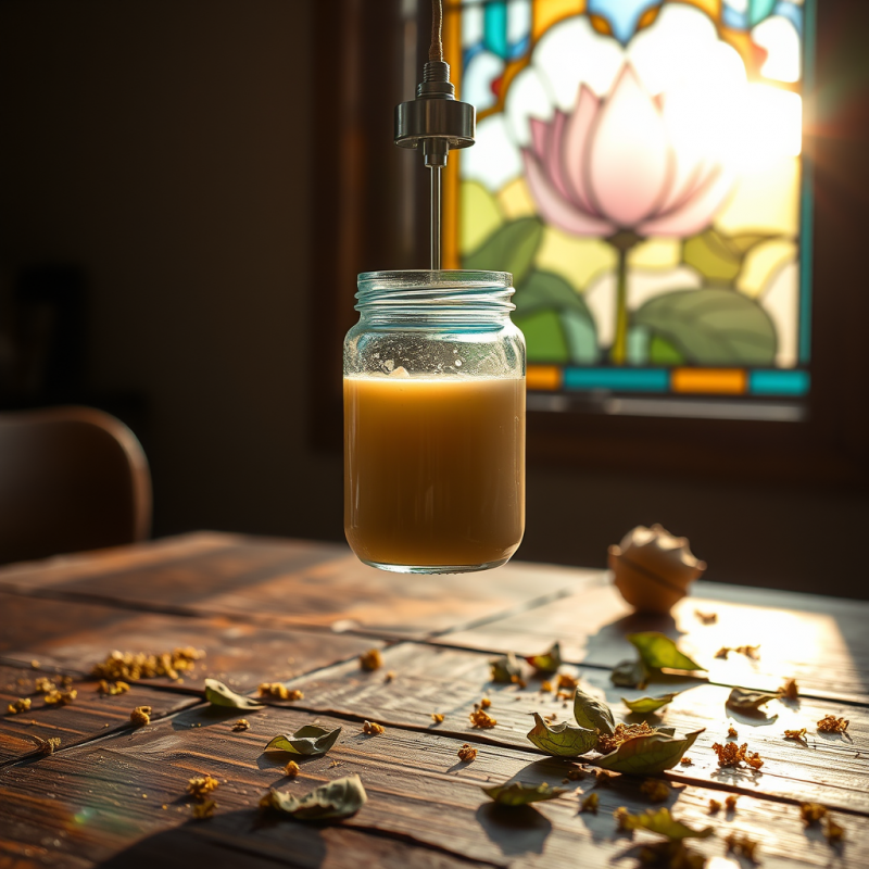 Translucent Blue Glass Jar Filled with Glowing Amber Mo...