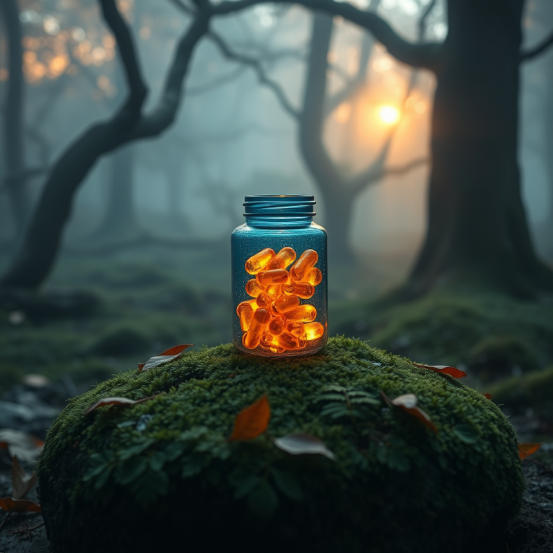 Translucent Blue Glass Jar Filled with Glowing Amber Ca...