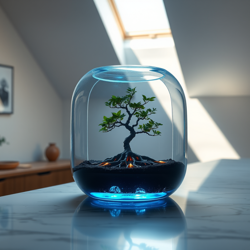 Translucent Blue-lit Glass Terrarium on a Marble Counte...