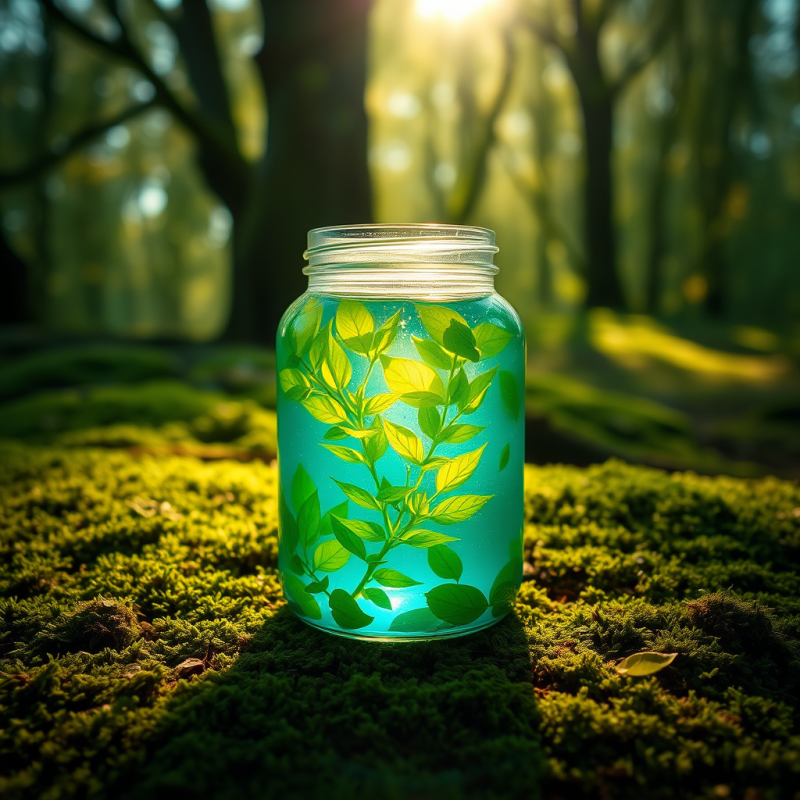 Translucent Blue-tinted Glass Jar Filled with Glowing G...