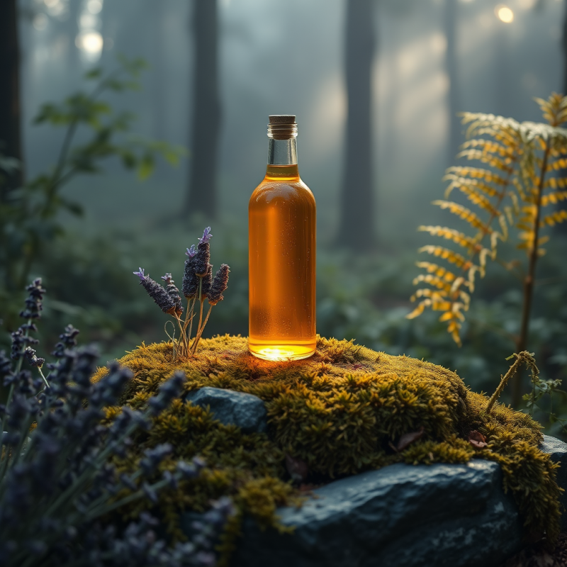 Translucent Glass Bottle Filled with Glowing Amber Liqu...