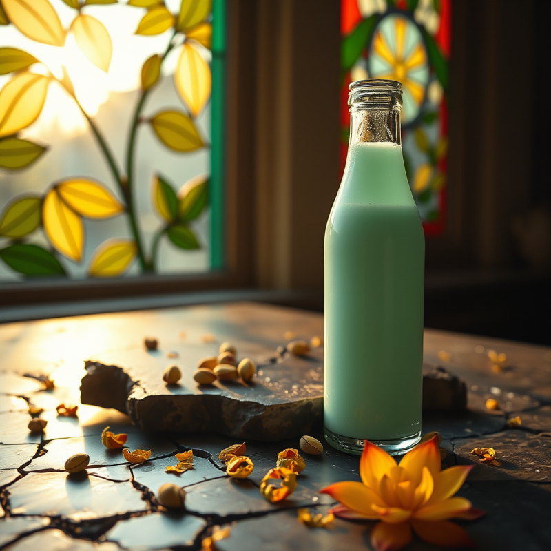 Translucent Glass Bottle of Glowing Turquoise Pistachio...