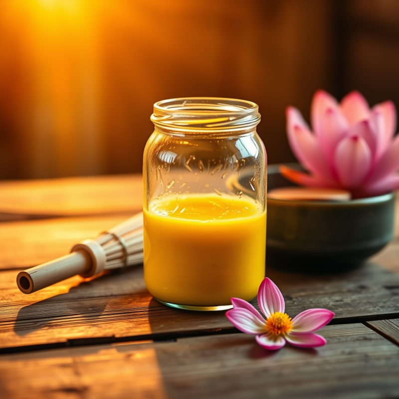 Translucent Glass Jar Filled with Golden Turmeric-infus...