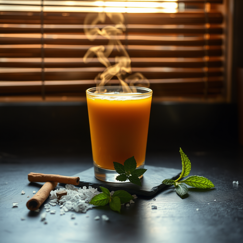 Translucent Glass of Glowing Amber Turmeric Latte Steam...