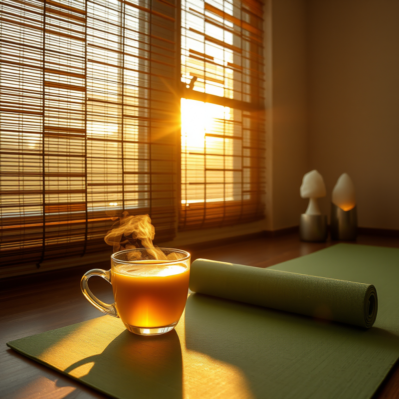 Translucent Golden Sunrise Filters Through Bamboo Blind...