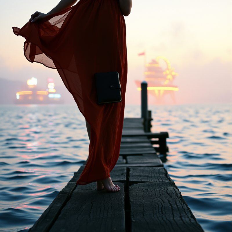 Traveler in a Flowing Terracotta Dress Balances on a We...