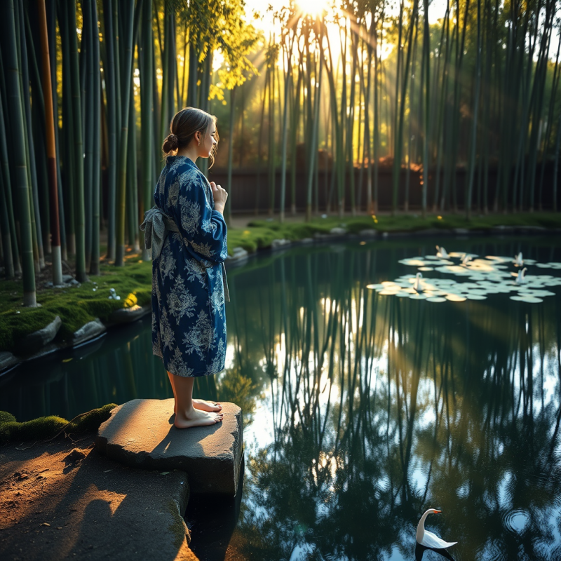 Traveler in a Hand-stitched Indigo Kimono Stands Barefo...