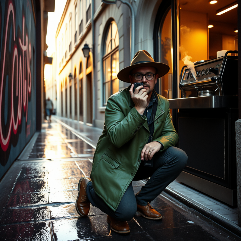 Traveler in a Moss-green Vintage Leather Jacket and Wid...