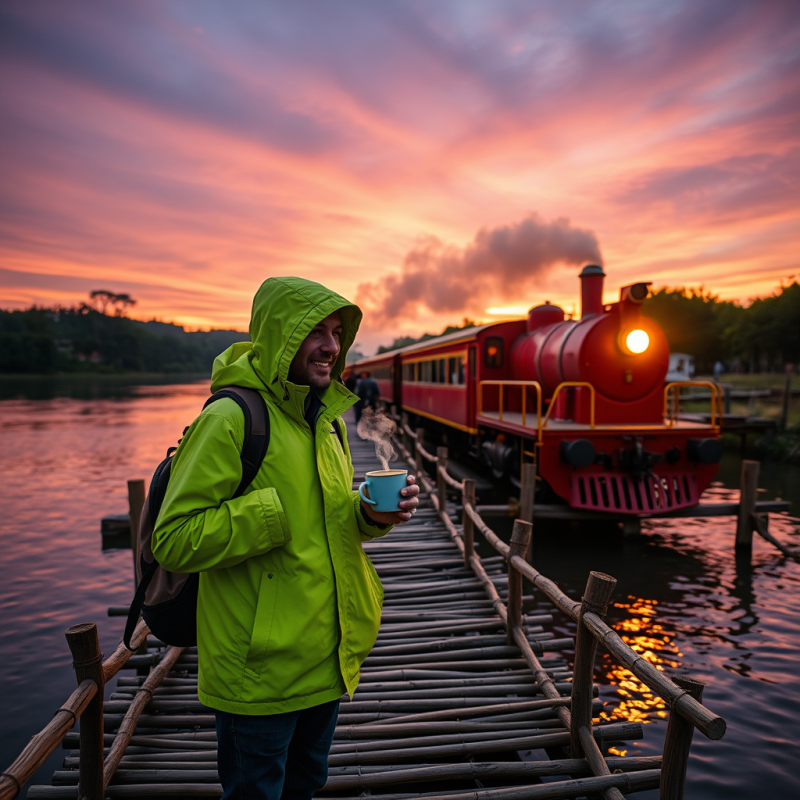 Traveler in a Neon-green Waterproof Jacket Stands on a ...