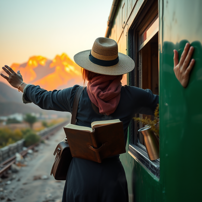 Traveler in a Vintage Straw Hat Leans Into the Open Win...
