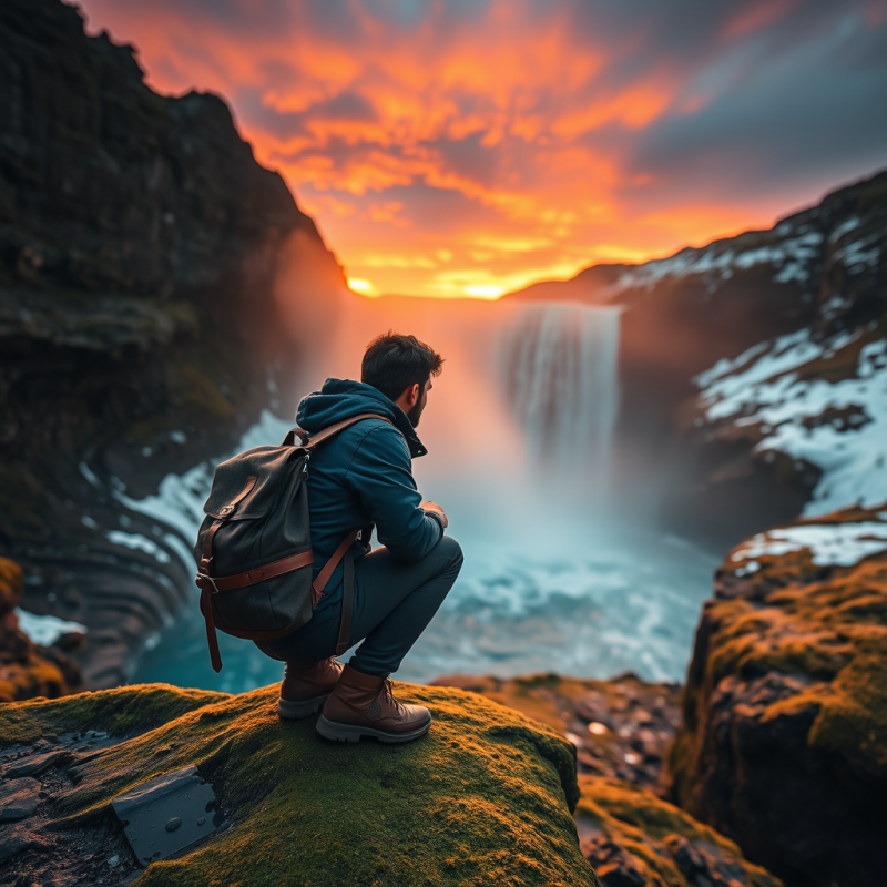 Traveler with a Weathered Leather Satchel Crouches on A...
