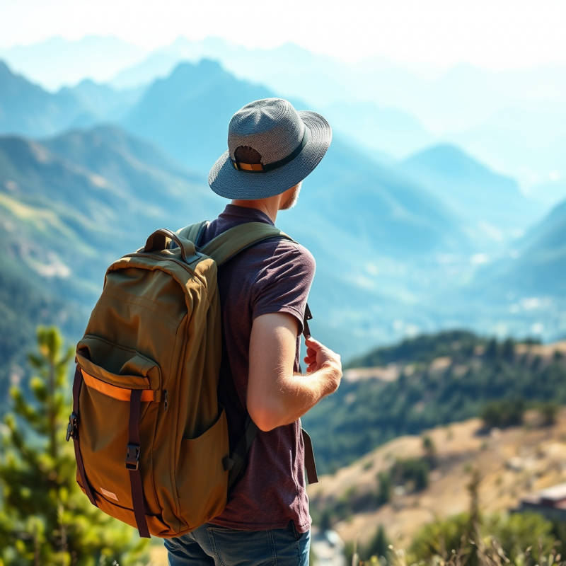 Traveler with Backpack Overlooking Scenic Mountain Vista