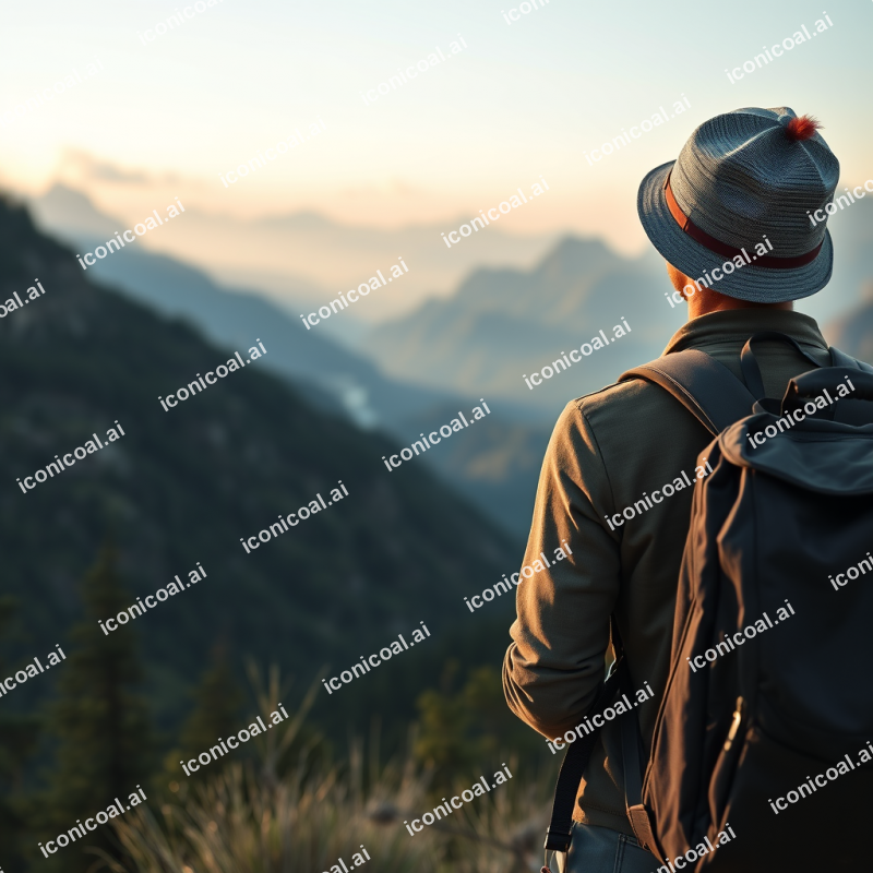 Traveler With Backpack Overlooking Scenic Mountain Vista