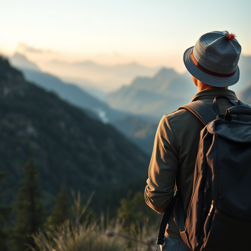 Traveler with Backpack Overlooking Scenic Mountain Vista