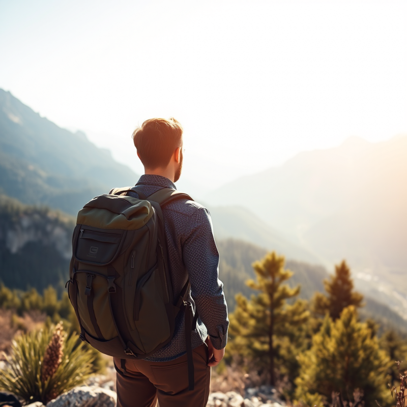 Traveler with Backpack Overlooking Scenic Mountain Vista