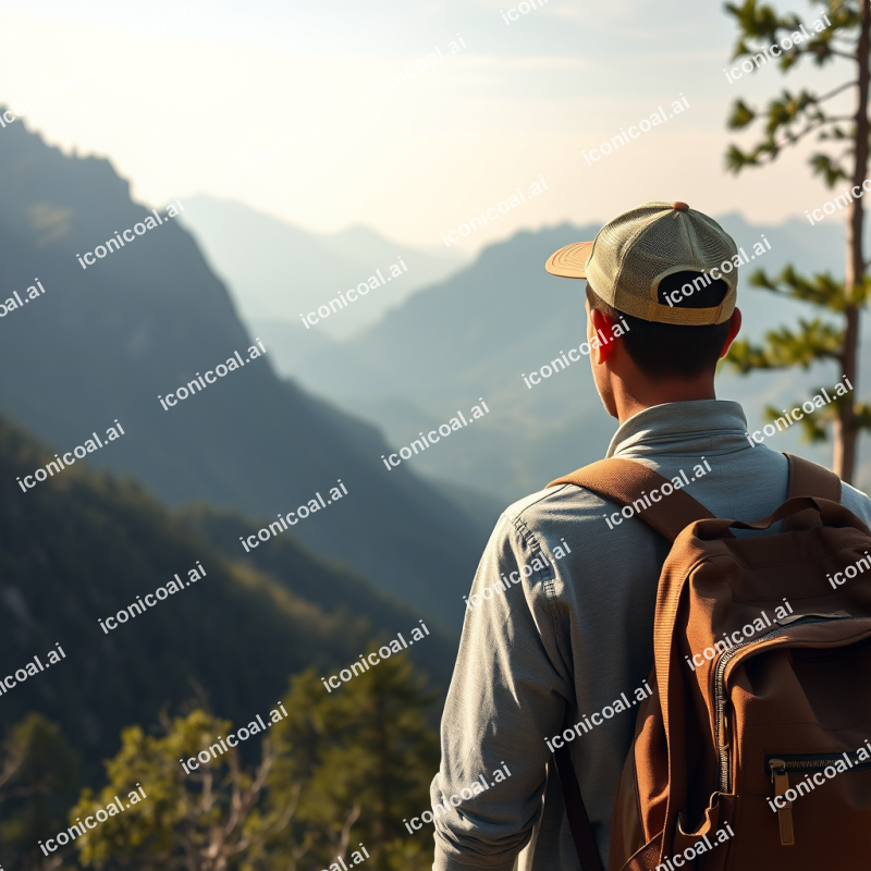 Traveler With Backpack Overlooking Scenic Mountain Vista