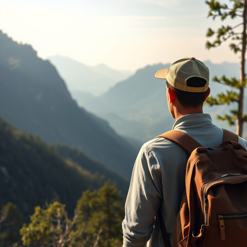 Traveler with Backpack Overlooking Scenic Mountain Vista