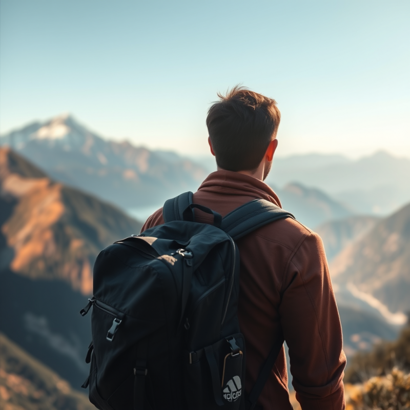 Traveler With Backpack Overlooking Scenic Mountain Vista