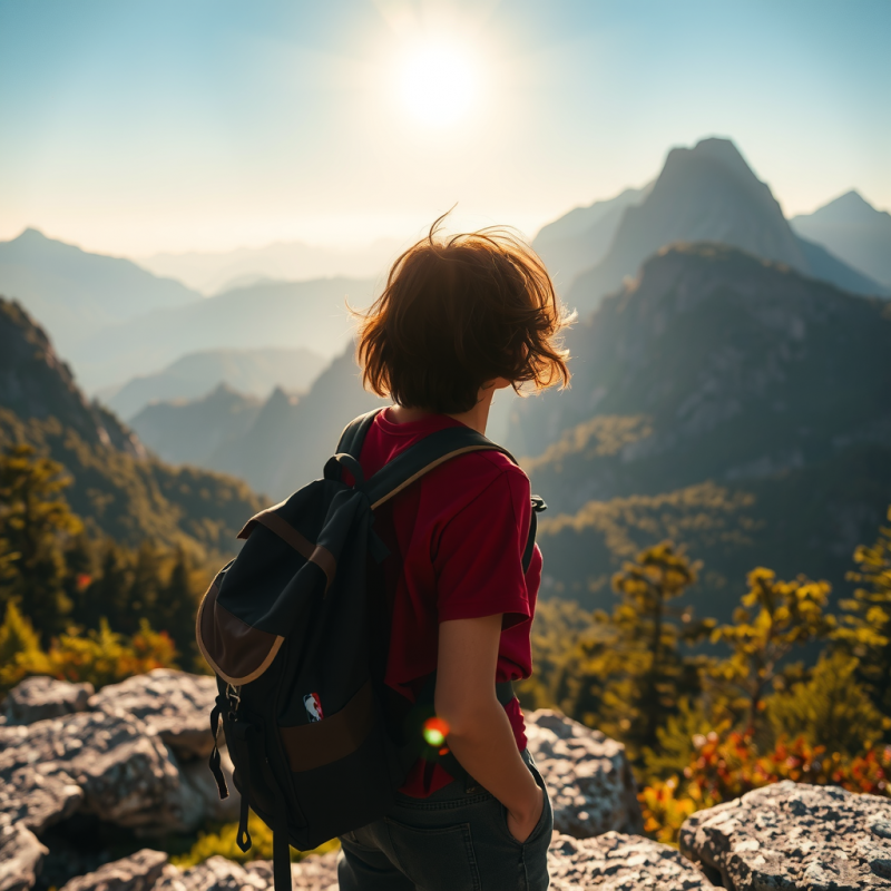 Traveler With Backpack Overlooking Scenic Mountain Vista